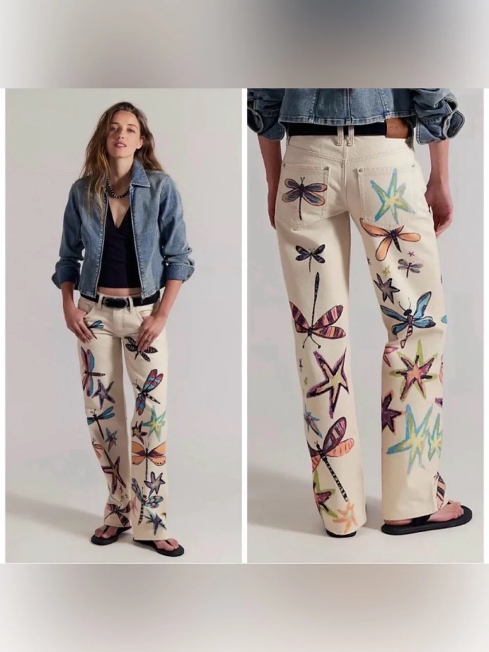 Free People Tennessee Low Rise Boyfriend Dragonfly Artsy Jeans Cream Sz 28 NWOT